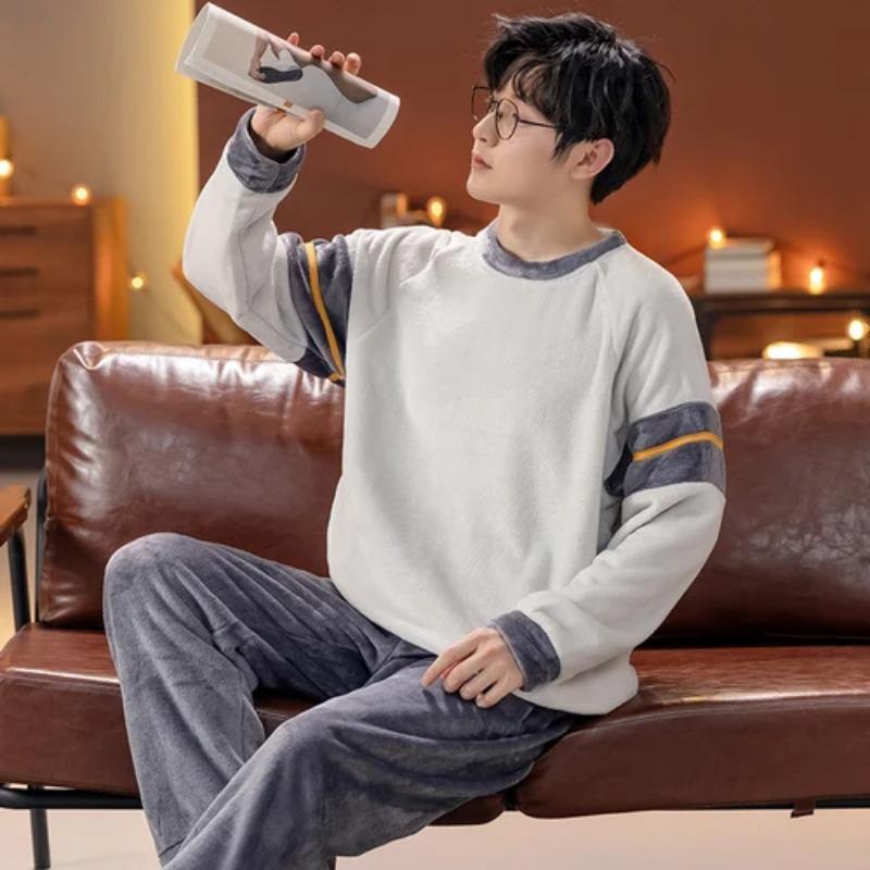 Autumn and Winter Flannel Pajamas Men's Thicken Coral Fleece Youth Student Warm Korean Pijamas Casual Loungewear
