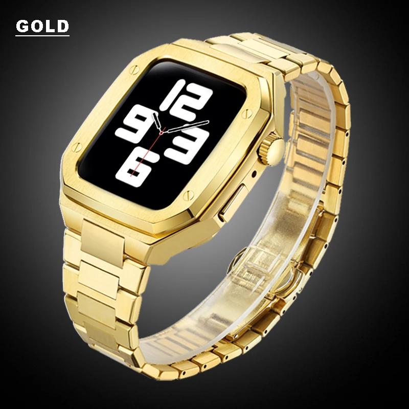 Модификация Роскошный корпус из нержавеющей стали для Apple Watch 8 7 6 5 Ремешок Металлический браслет для IWatch 42 мм 44 мм 45 мм Резиновый ремешок для часов