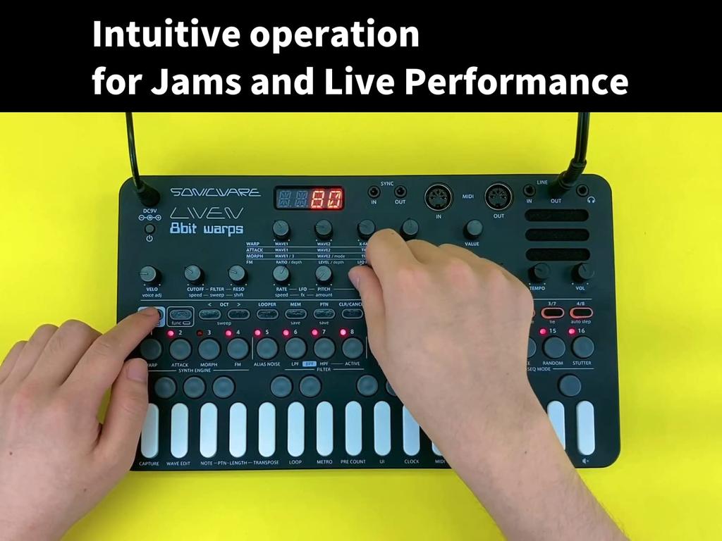 SONICWARE LIVEN 8-битный варпс-синтезатор, грув, пошаговый секвенсор, 4-дорожечный 6-11-батарейный динамик [8-битный блок] + лупер, голоса, эффекты, питание, встроенный
