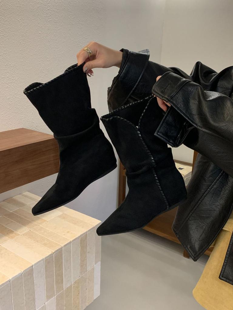 2025 новые ретро ботфорты для наслаивания с внутренней высотой и тонким толстым каблуком, короткие ботинки, женские коричневые остроносые ботинки-миди в западном стиле