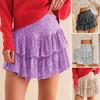 Lady Short Skirt Sequin Pleated Shirring Elastic Waist Double-layered Club Dancing Cheerleader Mini