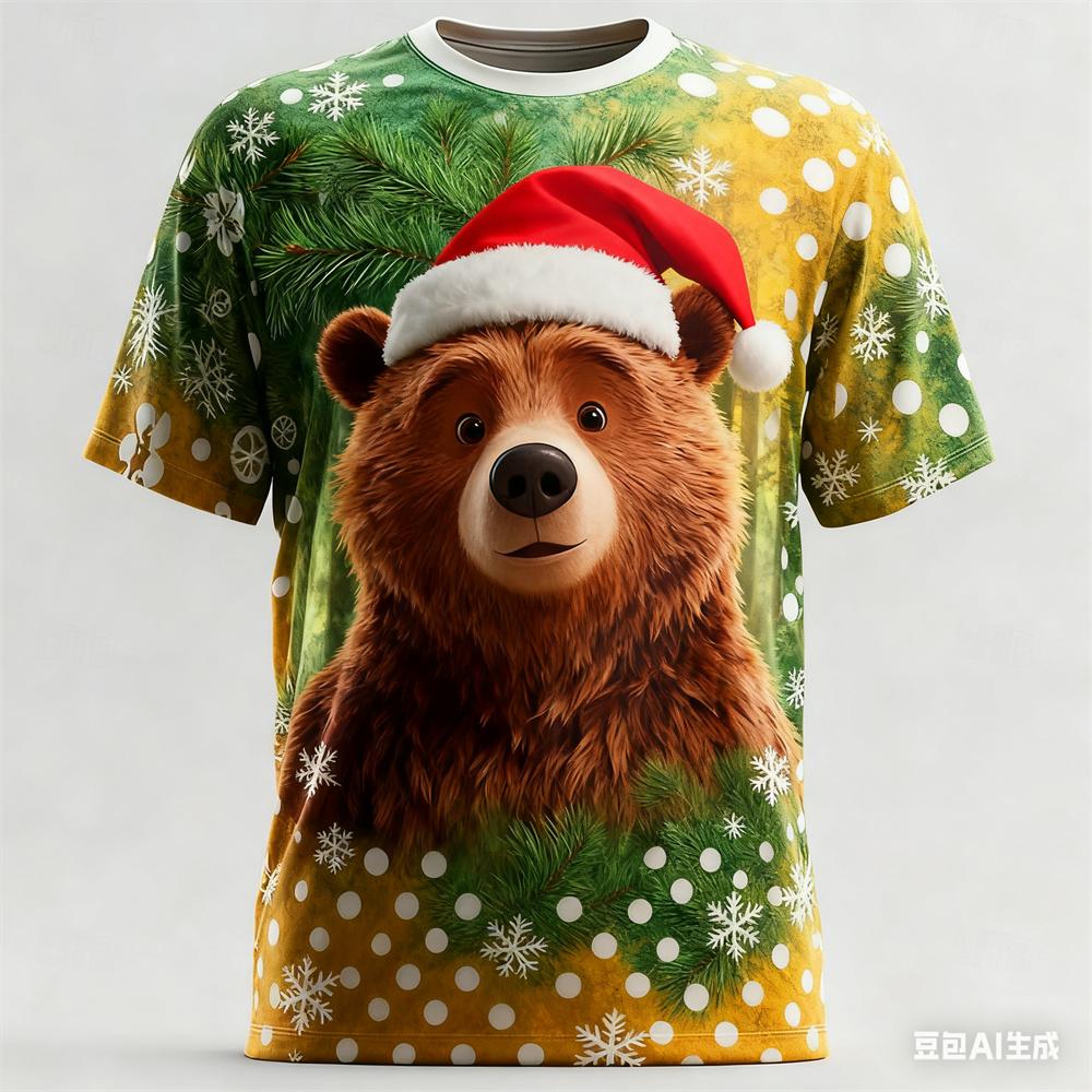 Summer Round Neck 3D Christmas Cartoon Animal Pattern Printed Top Fashionable Casual Short Sleeved Children's Boy T-shirts