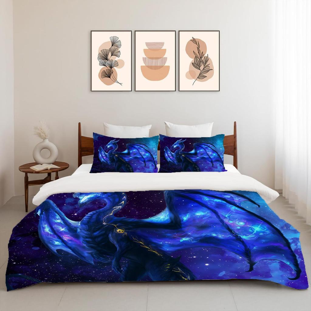 Longtu Three-Piece Quilt Cover 3D Digital Printing Bedding Set Blue Bed Cover