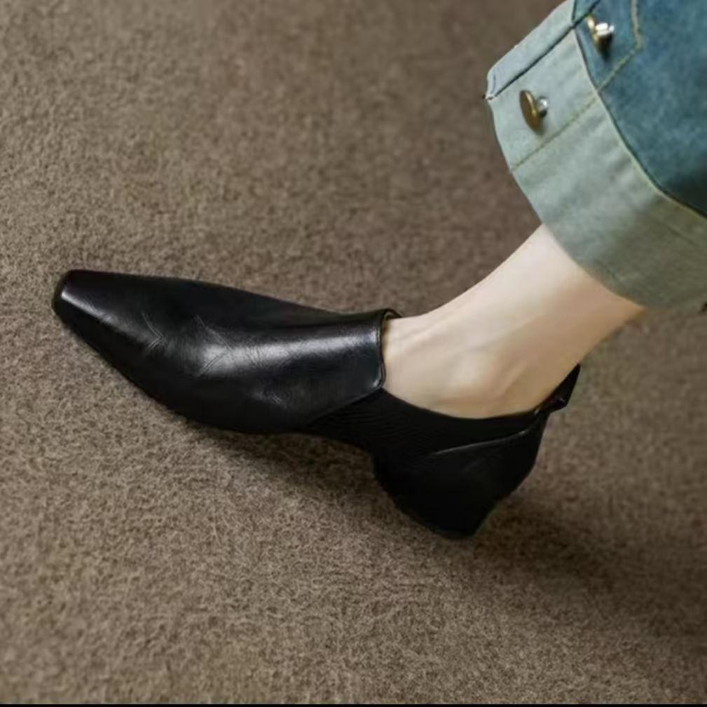 Премиум мягкая кожа толстый каблук глубокий носок одинарные туфли женские осень 2025 новые вязаные маленькие квадратные туфли в стиле ретро маленькие кожаные туфли