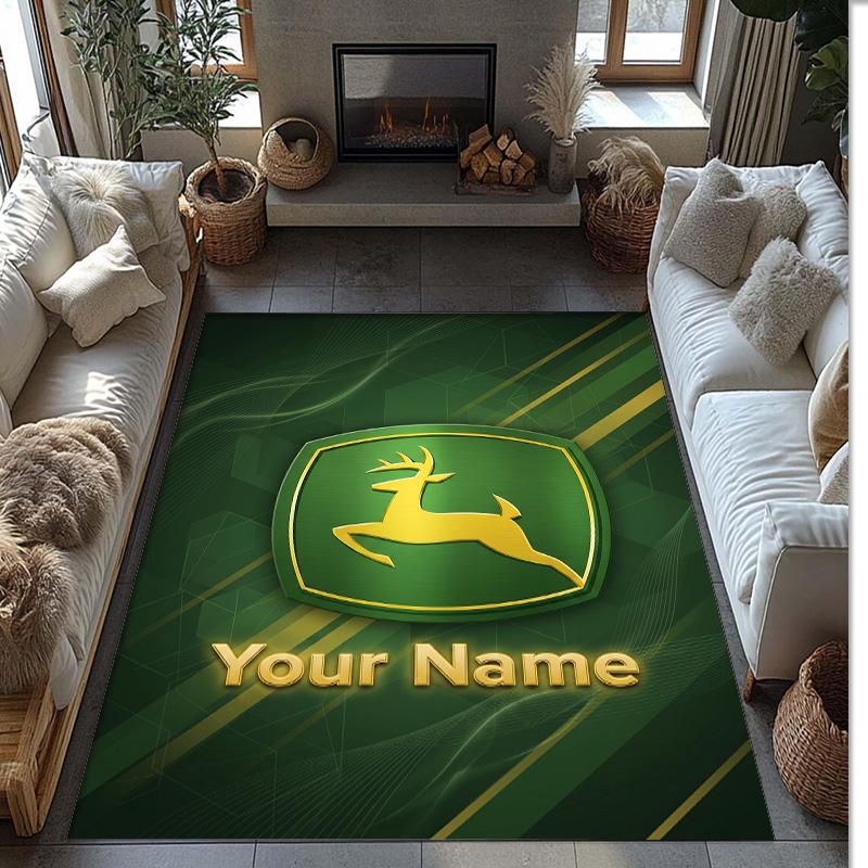 John Deere Crystal Velvet Rug, Custom Name Text Personalized Non‑Slip Floor Mat for Home Decor Gift