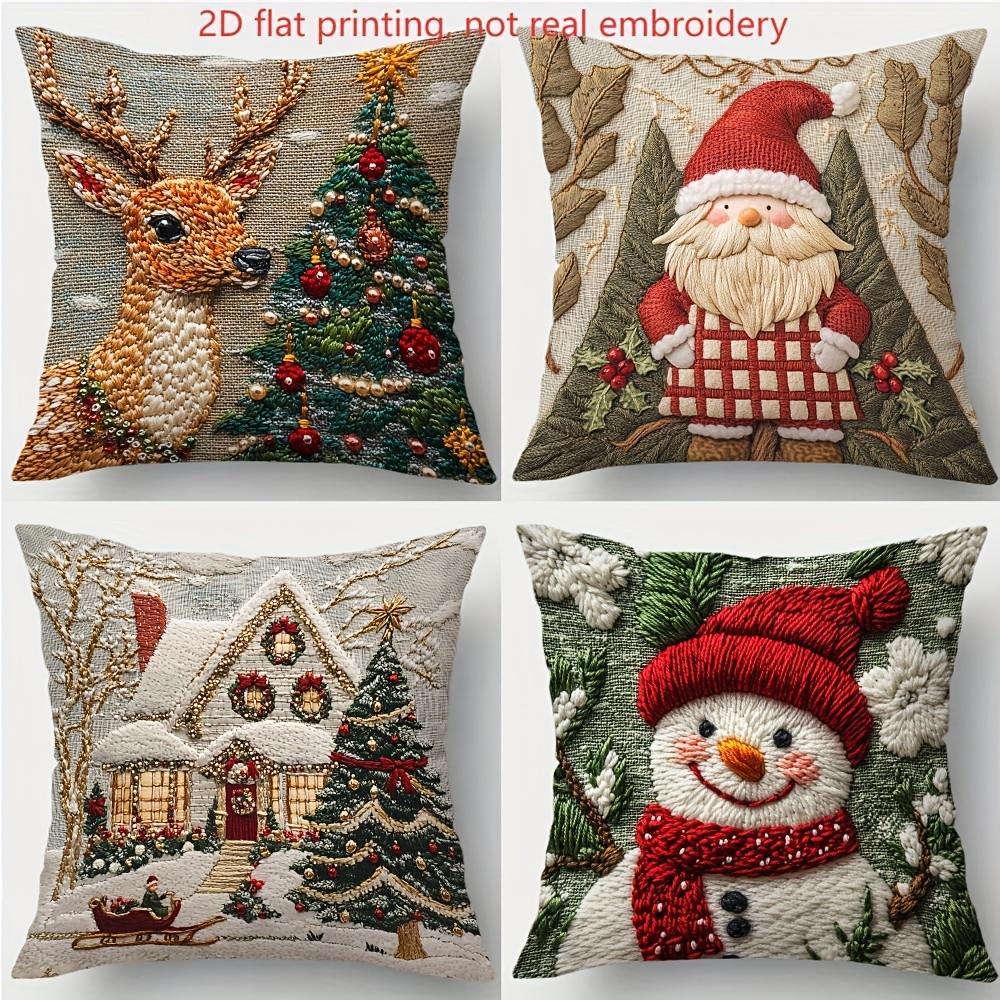 Christmas Pillowcase, Cute Cartoon Imitation Embroidery Linen Print Sofa Pillow Cover, Festival Decoration, Festival Gift (Pillow Insert Not Included)