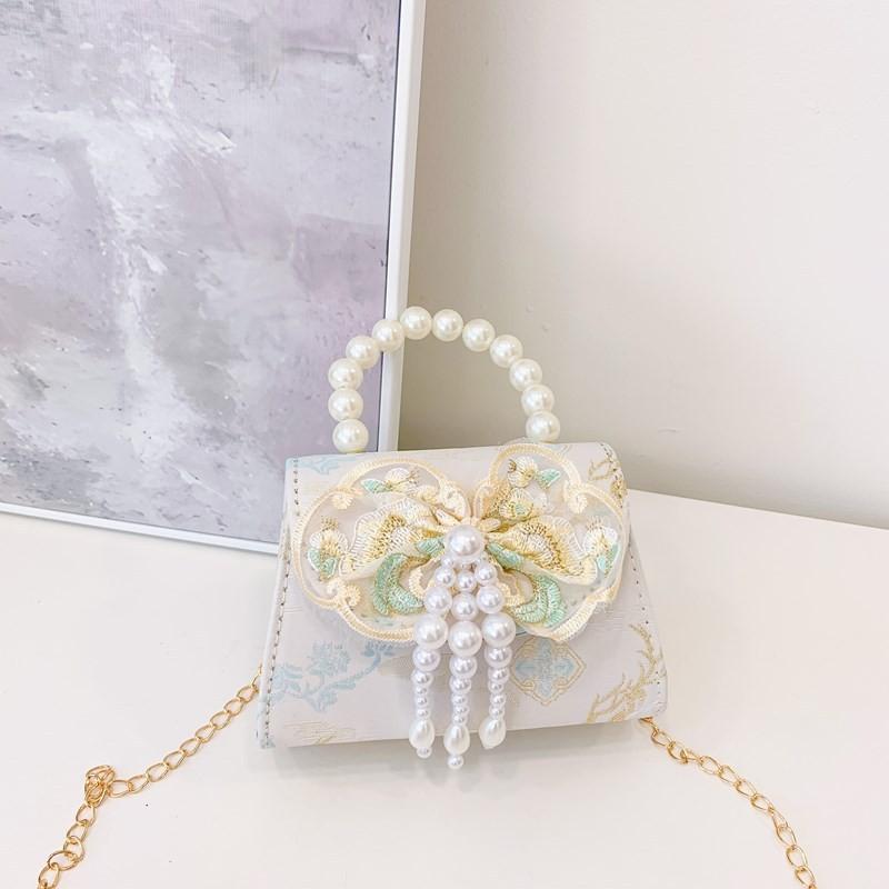 Lovely Geometric Patterned Shoulder Bag For Kids Featuring Chic Tassels And Elegant Pearls