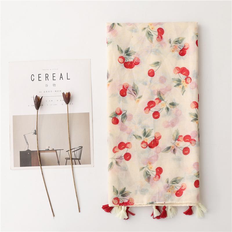 Cherry Blossom Print Scarf for Women - Lightweight, Sheer Polyester Shawl with Red Cherry & Leaf Design, Perfect for Spring & Summer Outings