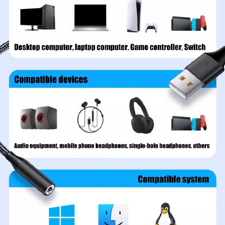 Braided USB To 3.5mm Auditory Cord For Speakers Headphones Gaming Consoles Connection Cable