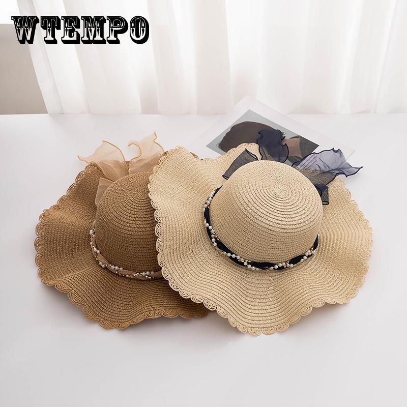 Elegant Women's Sun Hat with Mesh Trim & Faux Pearl Ribbon - Wide Brim, UV Protection Straw Beach Cap for Travel