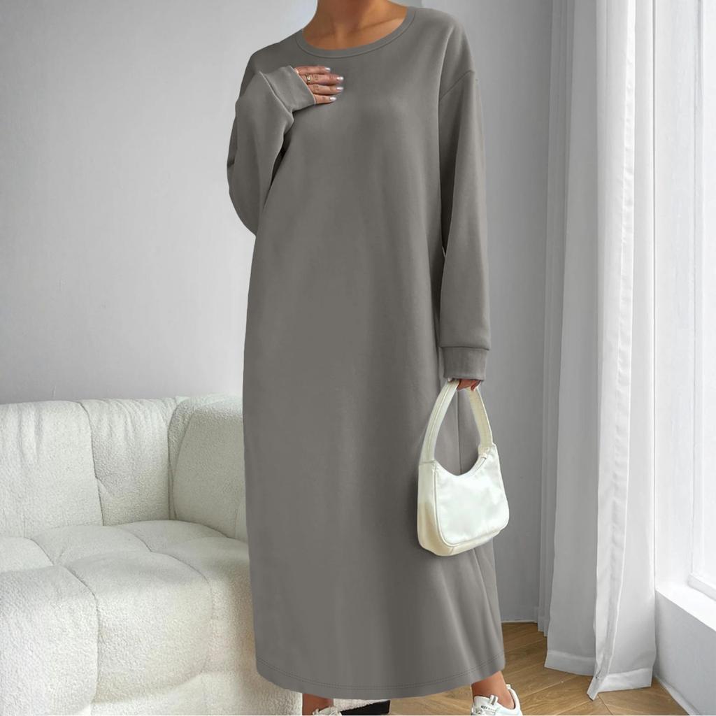 Женское модное однотонное платье с длинным рукавом и круглым вырезом
