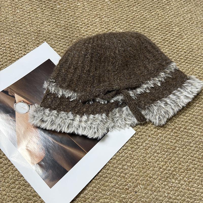Korean Style Striped Knit Bucket Hat Women Winter Warm Color Matching Fashionable Travel Hat