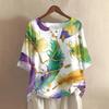 Women's Casual And Comfortable Mid-Length Round-Neck Fashion Print Cotton-Linen Top