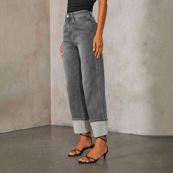 Women Baggy Jeans High Waisted Wide Leg Denim Pants Stretchy Cuffed Hem Straight Boyfriend Jeans with Pockets