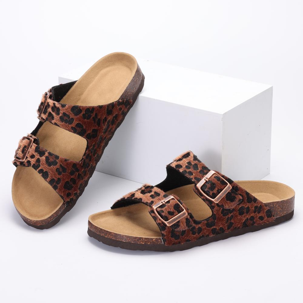 Fashion Kidmi Women's Slide Sandals New Casual Cork Footbed Platform Sandals Open Toe Leopard Slides With Adjustable Buckle Flat Sandals