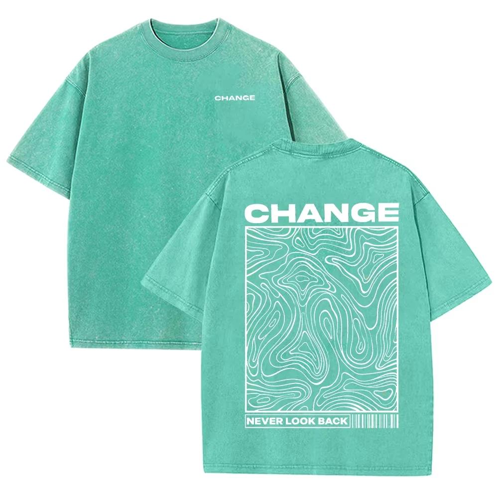 "CHANGE" Topographic Line Art Print Vintage Washed Beige Casual Graphic T Shirt