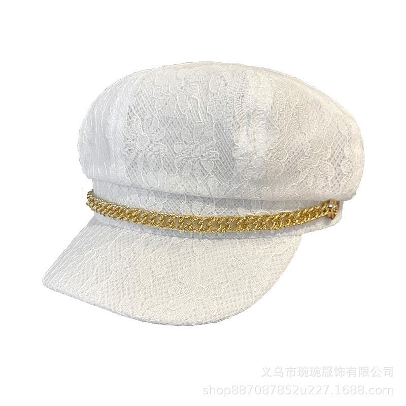 Womens Lace Mesh Octagonal Hat With Chain Or Pearl Trim Breathable Cap Face Slimming Stylish Artist