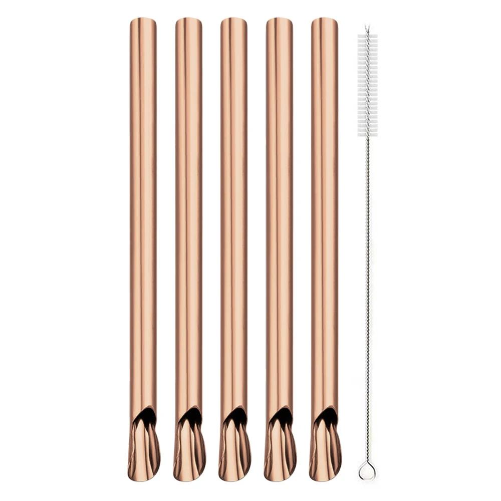 6Pcs 304 Stainless Steel Reusable Straw Set Pearl Milkshake Bubble Tea Straw with Brush Stirring Smoothie Spoon Shaped Straw Set