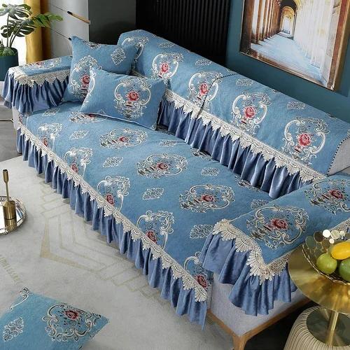 Four Seasons Chenille Armchair Cushion Big Flower Non-slip Cushion Sofa Set Green Color Big Skirt Hem 18cm Lace Sofa Towel