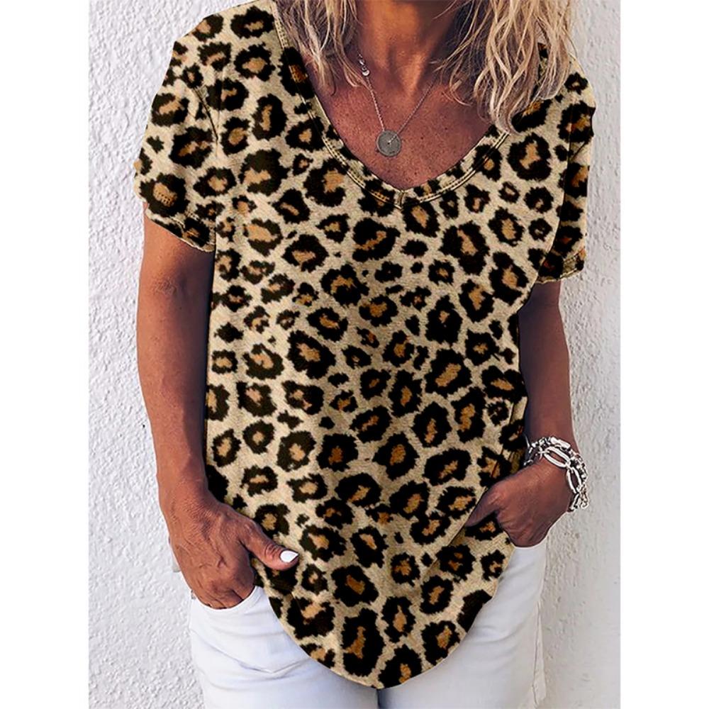 Leopard 3D Print T-shirt for Women Y2k Vintage Tops Harajuku Streetwear V-neck T-shirts Oversized Clothes for Women and Girl