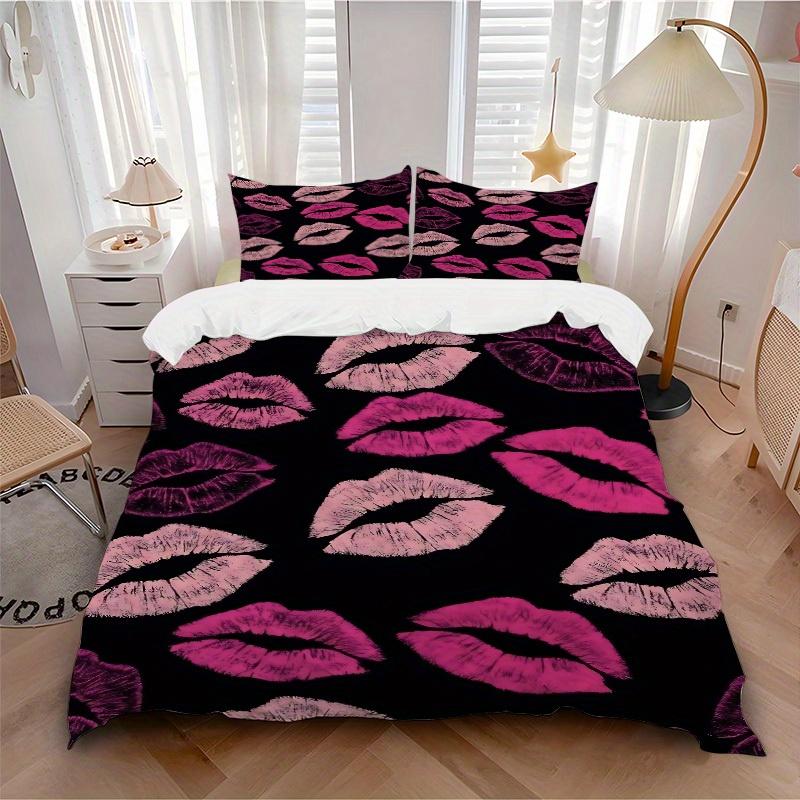 3pcs Lipstick Kiss Print Bedding Set, Breathable and Soft, Suitable for Bedroom Decor (1*Duvet Cover + 1/2*Pillowcases, No Core) yy250821128