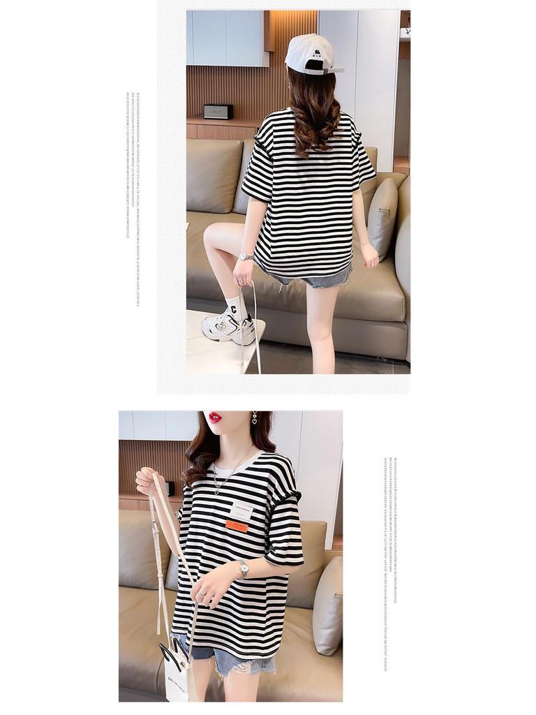 Женская полосатая хлопковая контрастная футболка в корейском стиле, свободный крой, размер плюс, лето 2025 г., модный круглый вырез