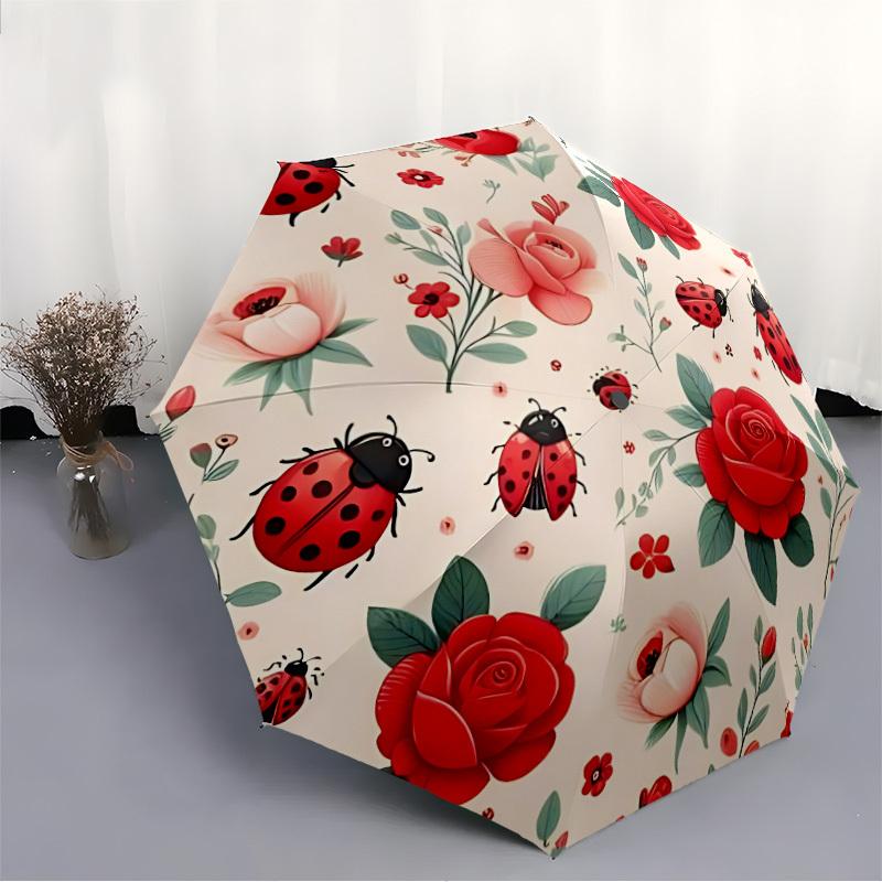 1pc Ladybug Floral Automatic Folding Umbrella - 8-Rib Automatic Open/Close, Large Canopy, Portable for Office, Living Room, Bedroom yy251217153