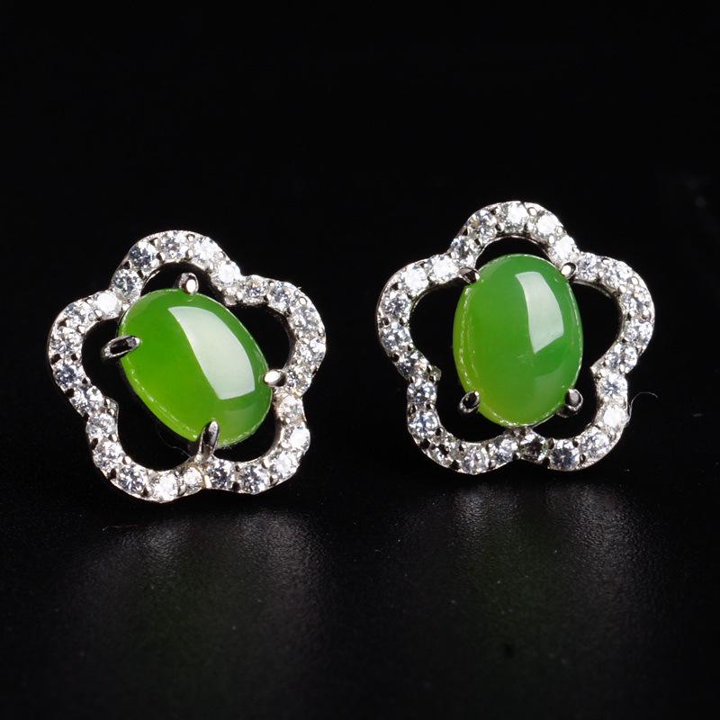 Серьги из стерлингового серебра 925 пробы с нефритом Хэтянь и жадеитом в форме цветка сливы с сертификатом - Древнекитайский стиль