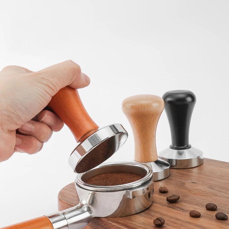 58mm Calibrated Pressure Wood Coffee Tamper Espresso Elastic Powder Compactor 304 Stainless Steel Coffee Powder Hammer