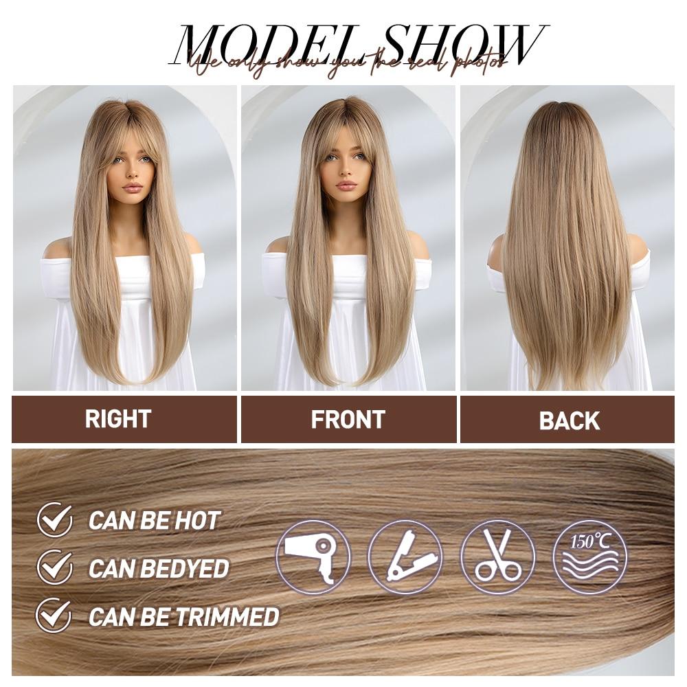 BLONDE UNICORN Long Ombre Blonde Wigs with Bangs Dark Root Synthetic Wigs Straight Hair Wigs for Women Daily Cosplay Use