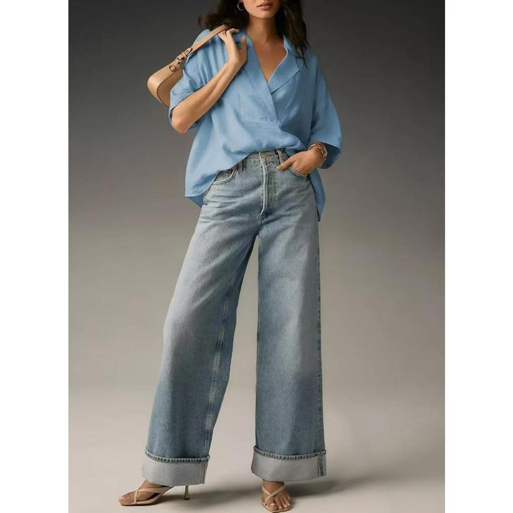 Women's, Summer New Style, Short Sleeved, Lapel, Casual, Loose Fit, Top, Solid Color Shirt