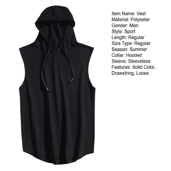 Летний мужской жилет с капюшоном без рукавов, однотонный, быстросохнущий, с завязками, уменьшающий потоотделение, свободный топ для фитнеса, спорта, бега