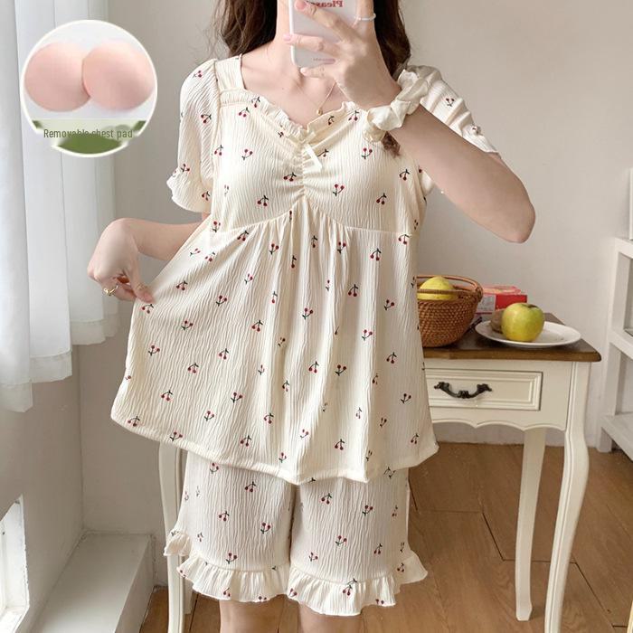 «Женский летний пижамный комплект с нагрудными накладками»: Не мнется, короткие рукава, в корейском стиле, мило и симпатично"