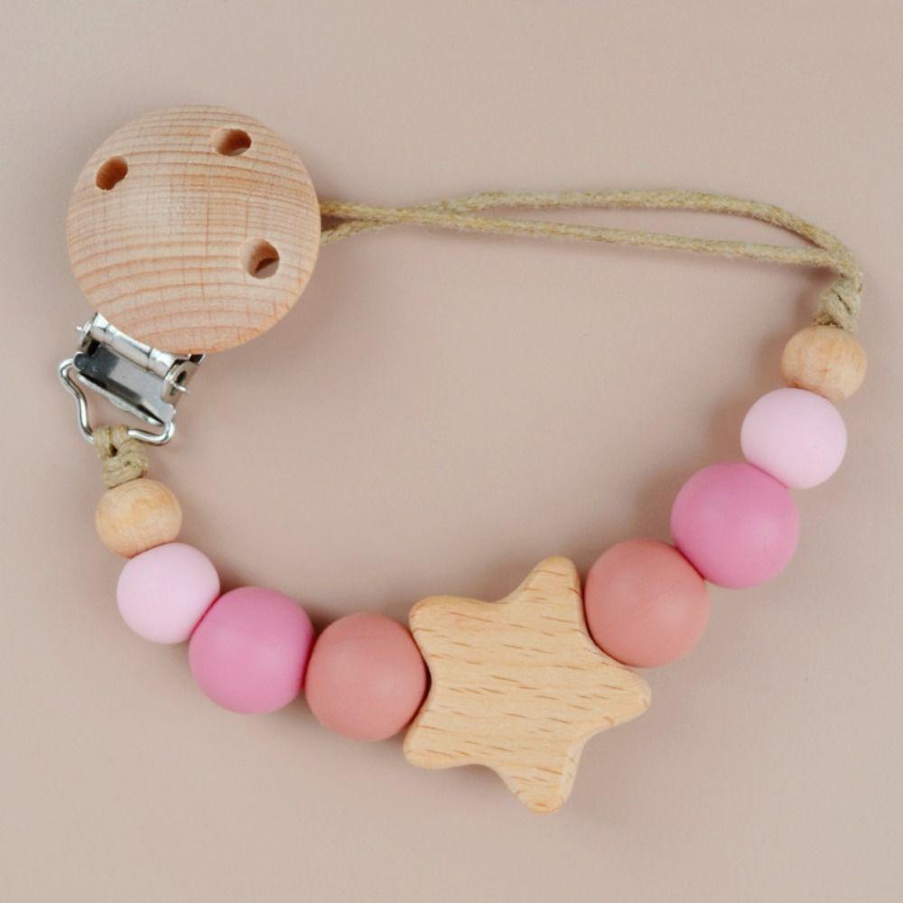 Star Pacifier Holder Clips Wood Baby Teether Toys Straps Anti-lost Baby Pacifier Chain  Toddler