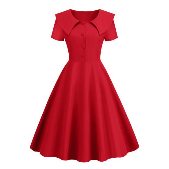 Retro Women Dress Turn-down Collar Shortn Sleeves A-line Big Swing Buttons Slim Fit Solid Color 50s Ball Prom Midi Dress