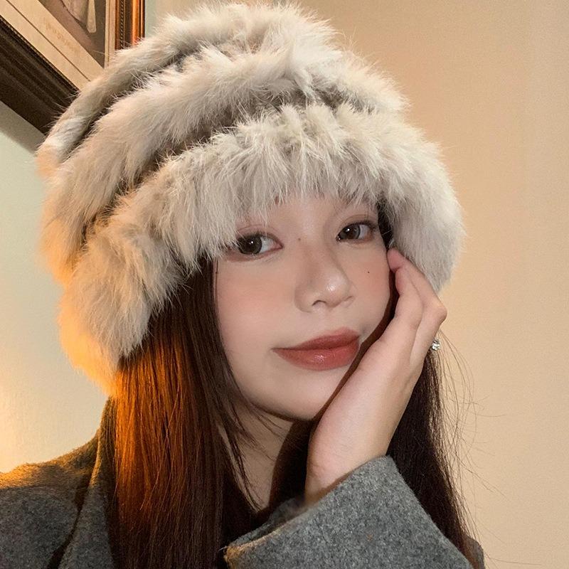 Rabbit Fur Knitted Plush Hat Women's Autumn and Winter Warm Plush Hat Big Head Circumference Showing Face Small Bucket Hat Wool Hat Tide