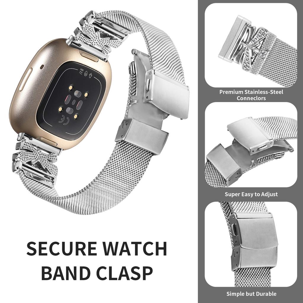 Watch Strap for Fitbit Versa 4/Sense 2 Stainless Steel Milanese Band with Rhinestone Decor
