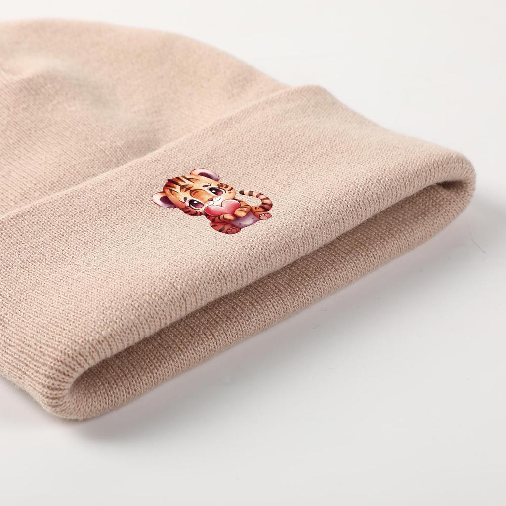 Cute Tiger Heart Warm Knitted Cap Beanie, Animal Woman Cap Lightweight Slouchy Casual Bonnet Knit Hat Beanie