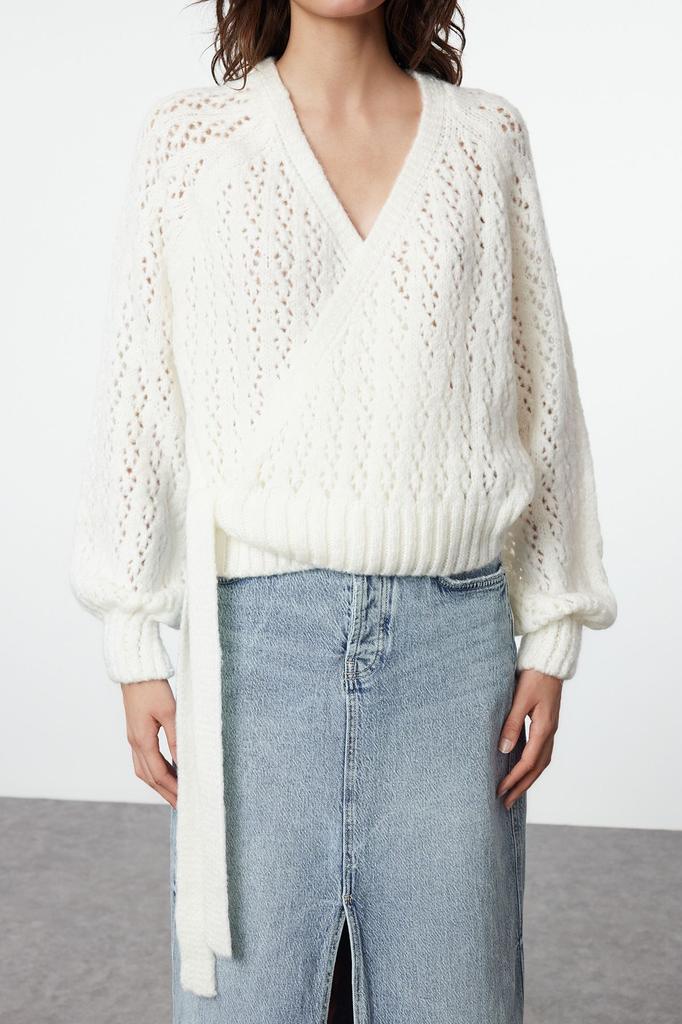 Women's Fashionable Stylish Sweater Blue Soft Textured Openwork Hole Lacing Detailed Knitwear Sweater