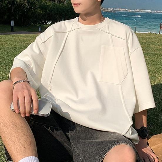 Summer Men Top O Neck Three Quarter Sleeves Chest Pocket Patchwork Loose Plus Size Mid Length Pullover Solid Color Hip Hop Streetwear Daily T-shirt