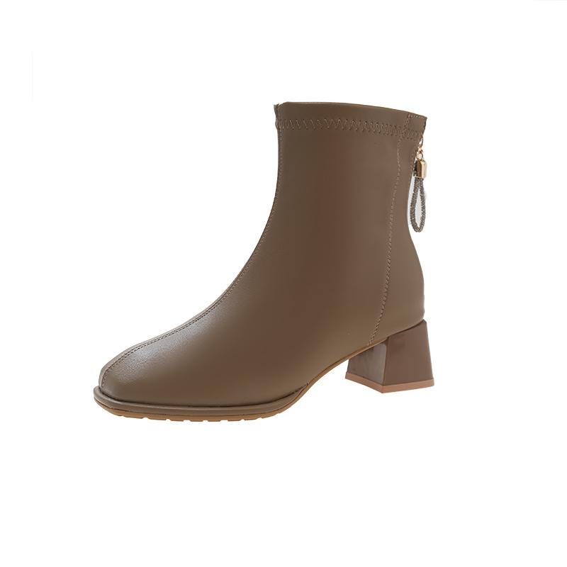 Короткие замшевые сапоги с квадратным носком, женские, осенне-зимние, эластичные, с толстым каблуком, на молнии сзади, ботильоны, модные, серые, черные, Botas De Mujer