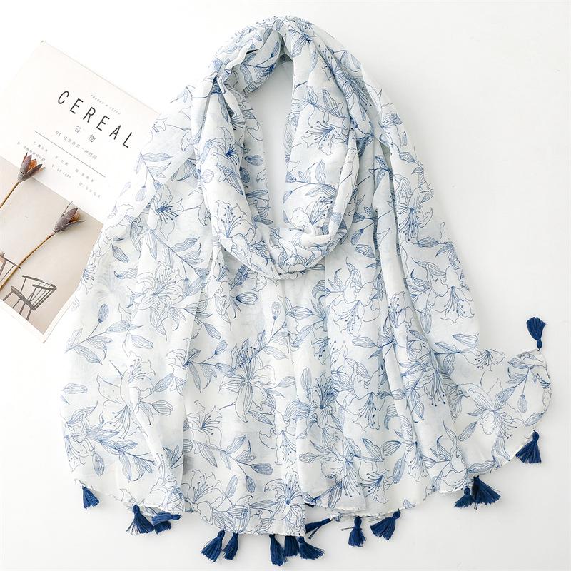 Синий шелковый шарф в стиле бохо с банановыми листьями - солнцезащитная шаль с кисточками