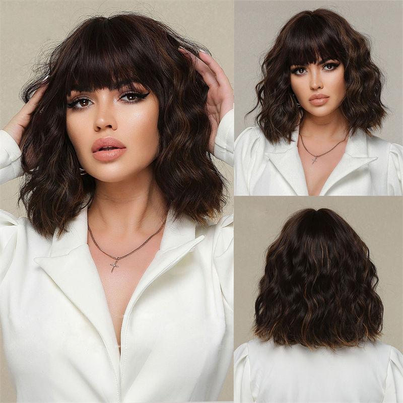 Breathable Light Curly Hair Summer Light Wave Head Bangs Short Wig Hair Cover Chemical Fiber Brown Natural