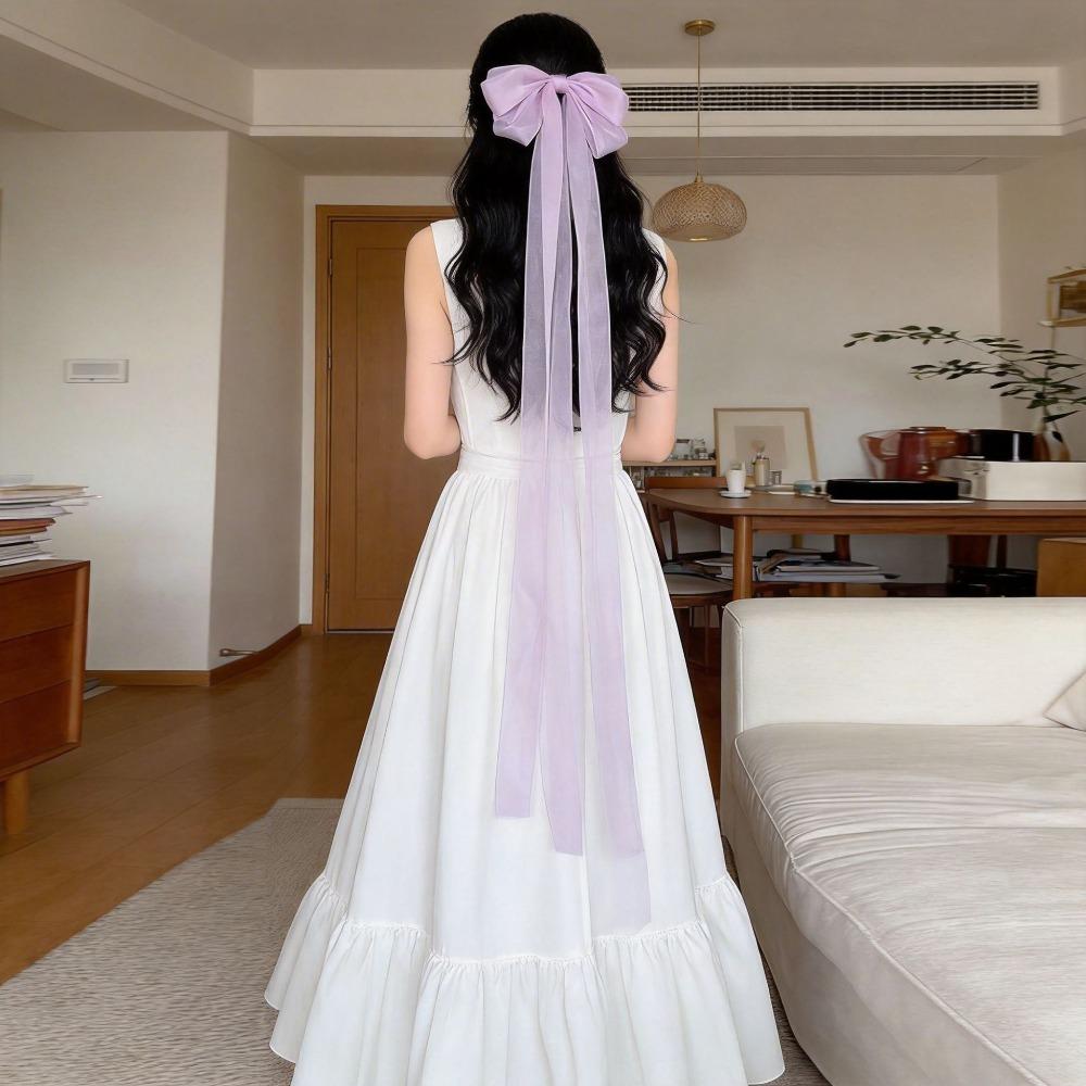 New Solid Color Hair Clip Long Ribbon Bow Sweet Style Bun Holder Hair Styling Decorative Ponytail Holder Wedding