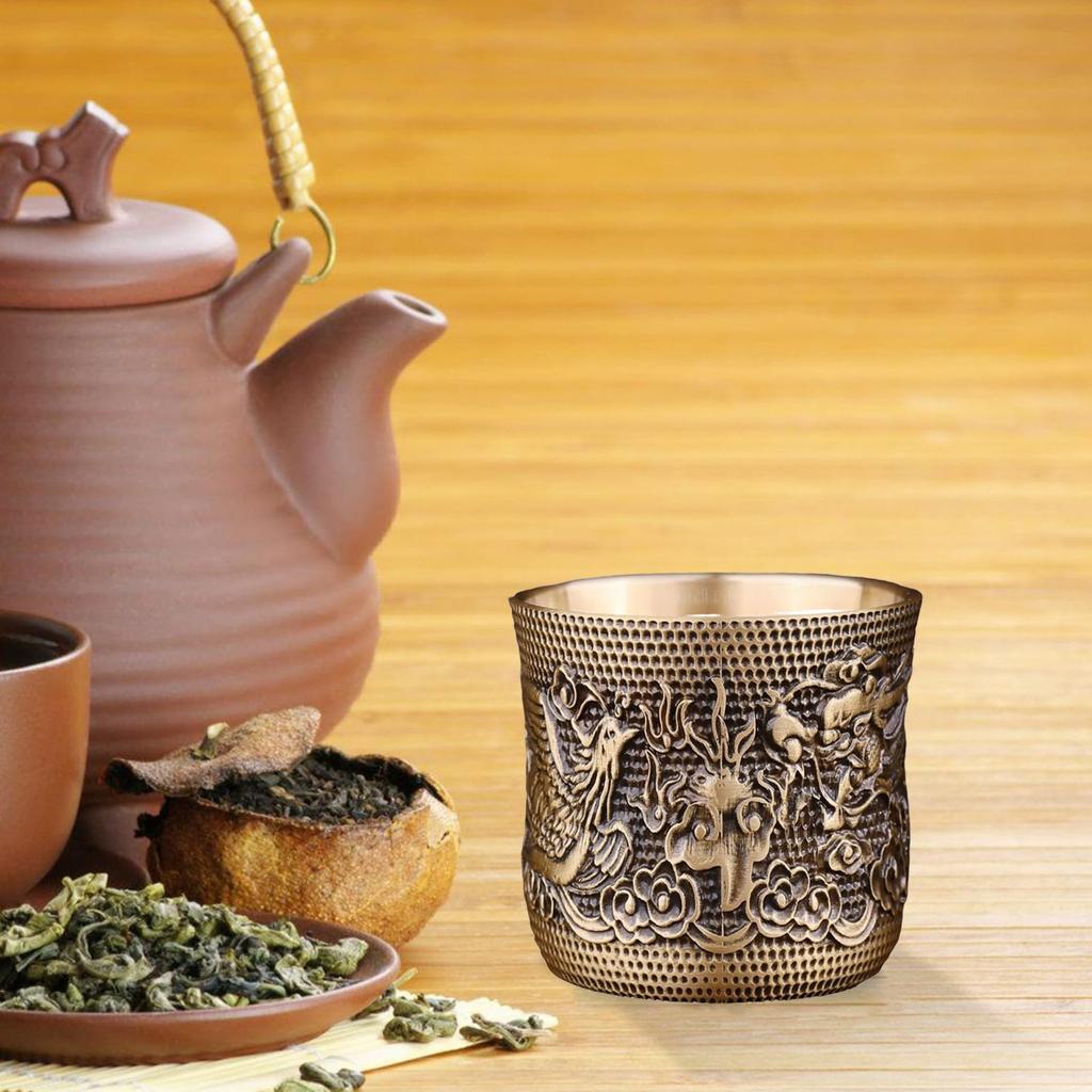Антикварный рельефный дракон и благоприятная тонкая талия чашка украшение для чайного стола медная чашка китайская маленькая талия чашка