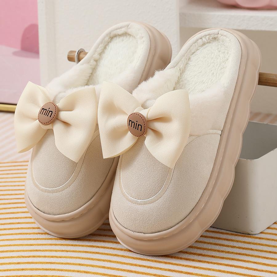 Women's Warm Home Slippers Cute Autumn Winter New Arrival Bow Thick Plush Non-Slip Soft Slippers Bedroom Platform Ladies Slides