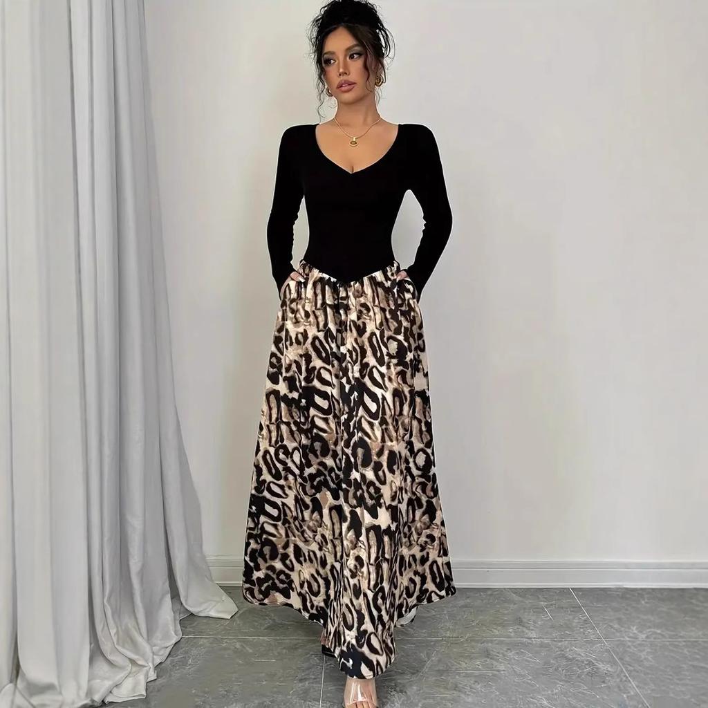 Spring Women Vintage Sexy High Waist Slim Clashing Elegant Leopard Print V-Neck Dresses