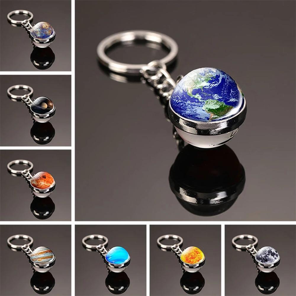 Sun Earth Double Side Glass Ball Nebula Moon Keychain Solar System Planet Keyring Luminous