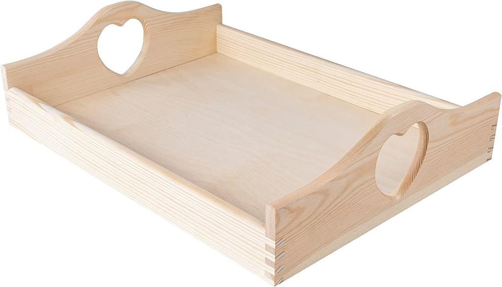 Plateau de lit - Creative Deco - Rectangulaire - Bois de pin naturel - 40x30x10,5cm - Poignées Cœur