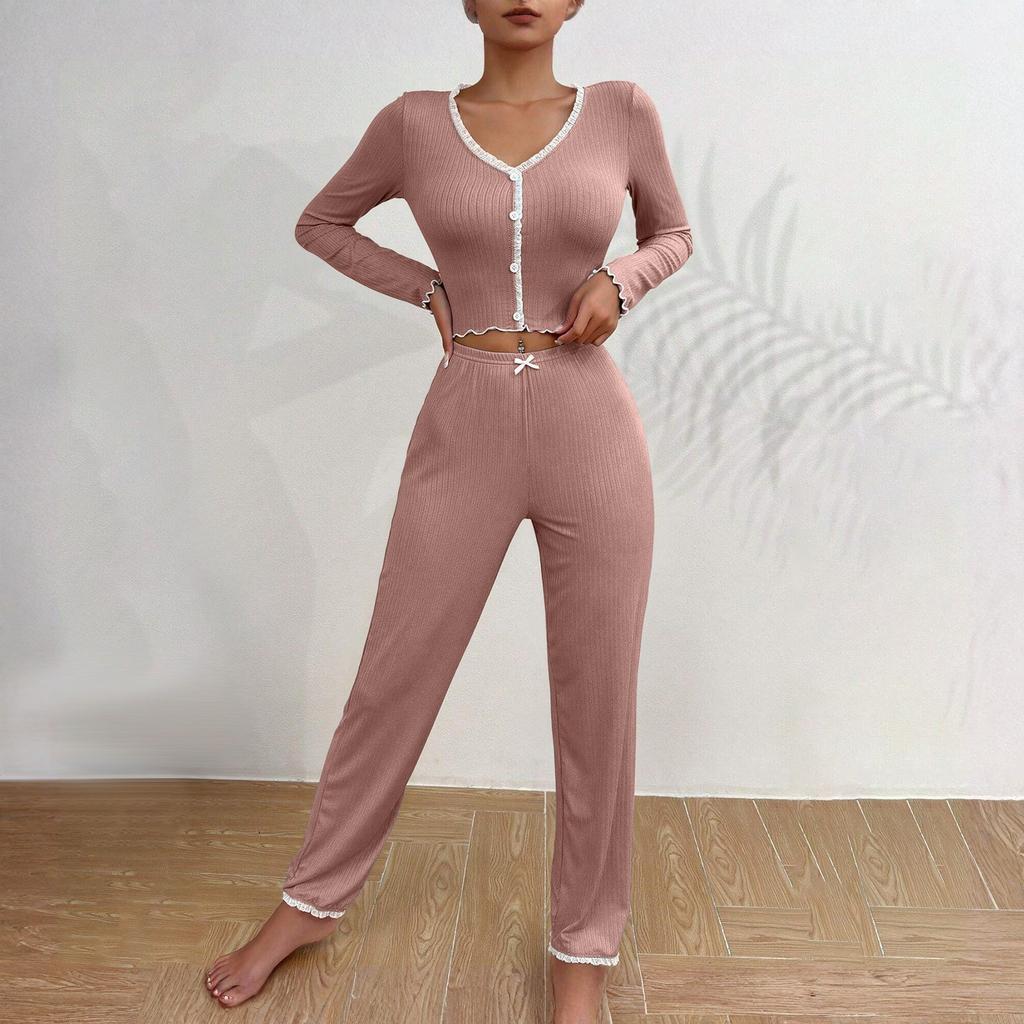 Women's Home Clothes Pajamas Long Sleeved Pants Loose And Comfortable Sexy Lace Two-piece Set